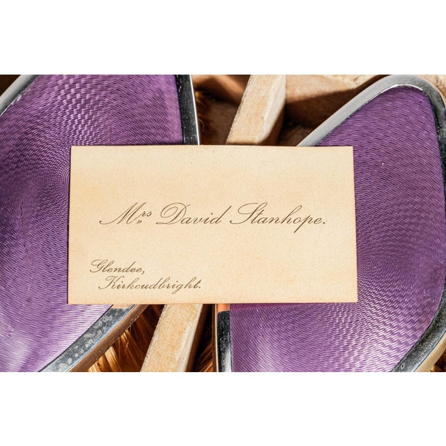 Wonderful Antique English Hallmarked Sterling Silver Vanity Brush Set Presentation Box Purple Celluloid Guilloché Style Edwardian Home Decor For Sale - Image 15 of 18