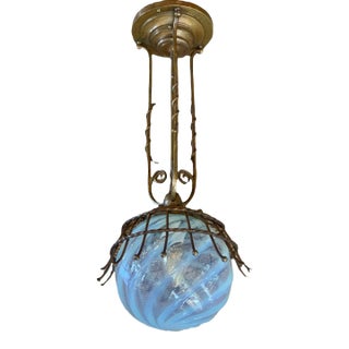 1900s Art Nouveau Solid Brass Fixture With Original Phoenix Swirl Glass Globe Shade For Sale