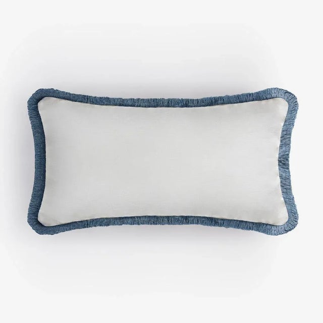 Early 21st Century White with Light Blue Fringes Happy Linen Pillow by LO DECOR for Lorenza Briola For Sale - Image 5 of 5