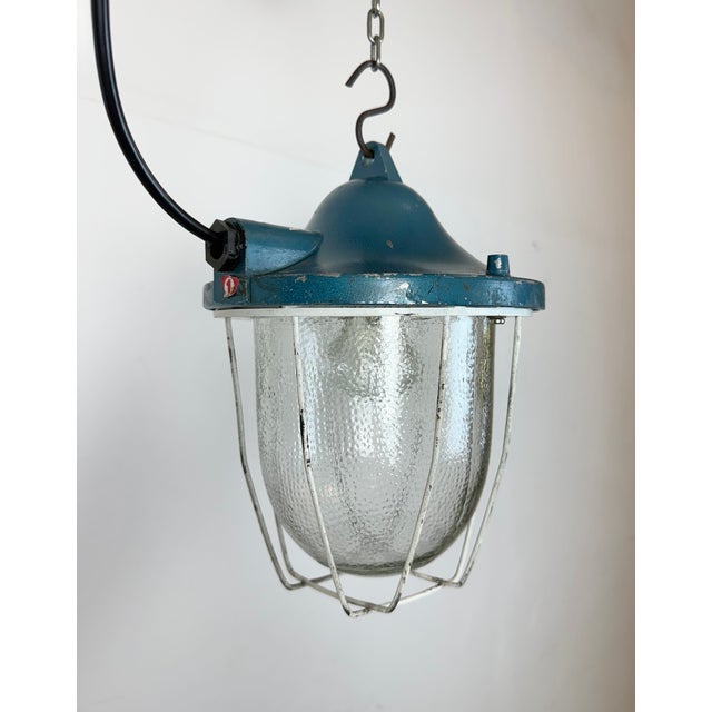 Metal Industrial Blue Bunker Cage Light from Polam Gdansk, 1970s For Sale - Image 7 of 16