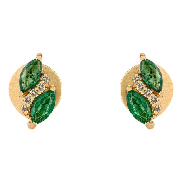 Vintage-Inspired 14k Yellow Gold Stud Earrings With Natural Emerald & Diamond- A Pair For Sale