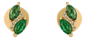 Vintage-Inspired 14k Yellow Gold Stud Earrings With Natural Emerald & Diamond- A Pair