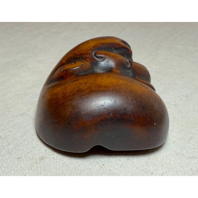 Wood Antique Japanese Hand Carved Boxwood Netsuke Noh Mask Hyottoko Sculpture For Sale - Image 7 of 10