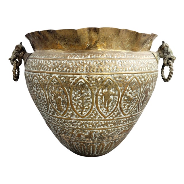 Large Indian Brass Jardinière with Elephant Handles, 1880 For Sale