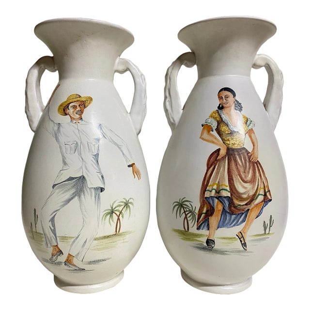 Pair Mid-Century Modern Alfa Italian Pottery Vases With Dancers For Sale