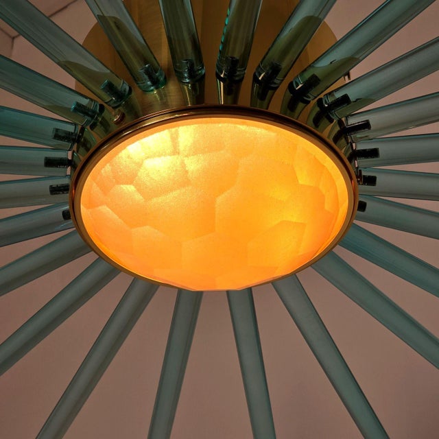 Metal 1980s Green Glass and Brass Sputnik Chandelier, Italy For Sale - Image 7 of 10