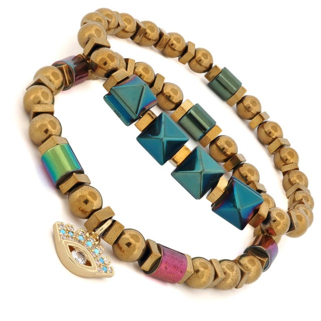 Contemporary Evil Eye Charm Fashion Style Hematite Beaded Bracelet Set For Sale - Image 3 of 8