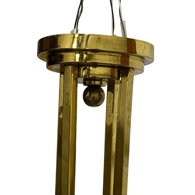 Vintage Chandelier Light Swedish Art Deco Style Plated Brass & Aqua Blue Frosted For Sale - Image 10 of 11