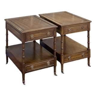 Vintage Hekman Traditional Regency Walnut 2 Drawer Tiered Cane Cut Side Tables - A Pair For Sale
