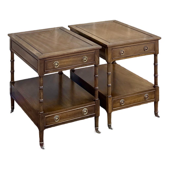 Vintage Hekman Traditional Regency Walnut 2 Drawer Tiered Cane Cut Side Tables - A Pair For Sale