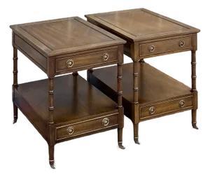 Vintage Hekman Traditional Regency Walnut 2 Drawer Tiered Cane Cut Side Tables - A Pair