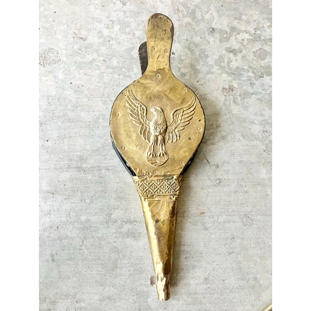 Vintage Federalist-Style Wood Leather Brass Plates Eagle Motif Fireplace Bellow Good vintage condition. Wear and tarnish...
