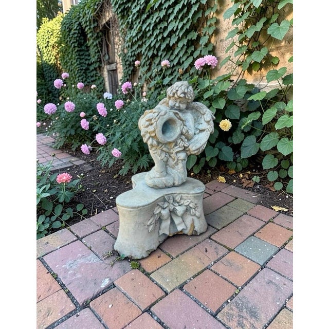 Stone Late 20th Century Cast Stone Garden Fountain Statue Pedestal – Romantic European Garden Accent With Incisive Signature Detail For Sale - Image 7 of 11