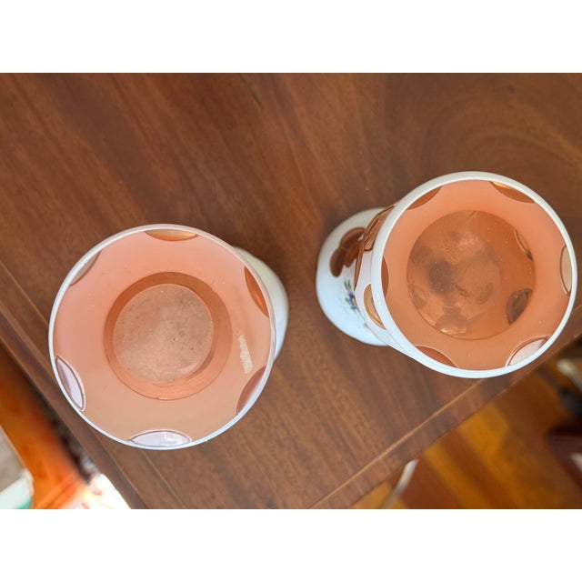 Pair of Antique Bohemian White & Pink Cased Art Glass Vases With Hand-Painted Floral Decoration For Sale - Image 12 of 12