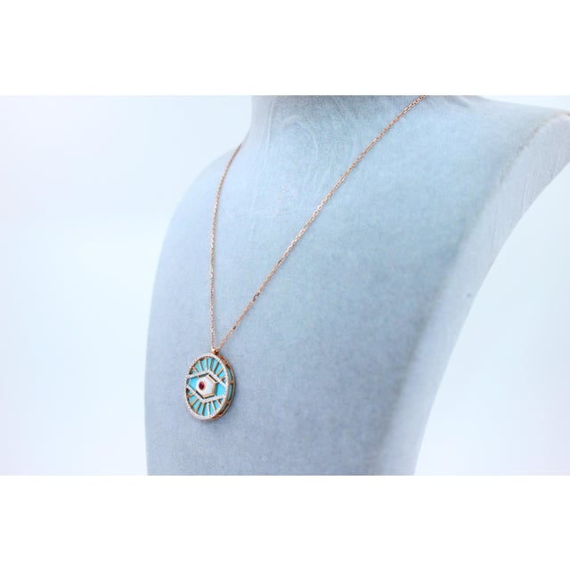 Diamond Halo Evil Eye Turquoise 18k Rose Gold Pendant Charm Medallion Necklace For Sale - Image 18 of 18