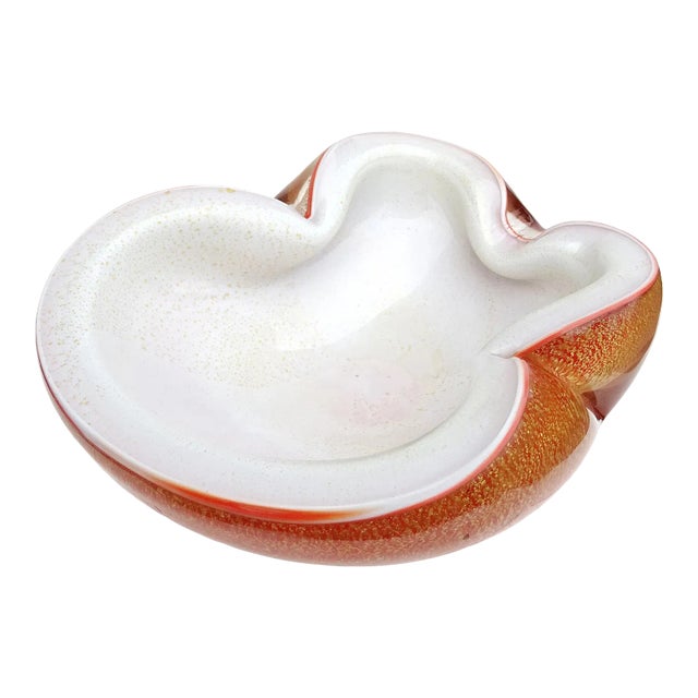 Murano Vintage Barbini Orange White Gold Flecks Italian Art Glass Midcentury Bowl Dish Ashtray For Sale