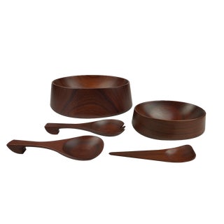 Mid-Century Bowls with Cutlery from Padouk, 1960, Set of 5 For Sale