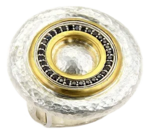 Gurhan Moon Beam Sterling 24k Gold Overlay & Black Diamonds Ring-Size 6.5