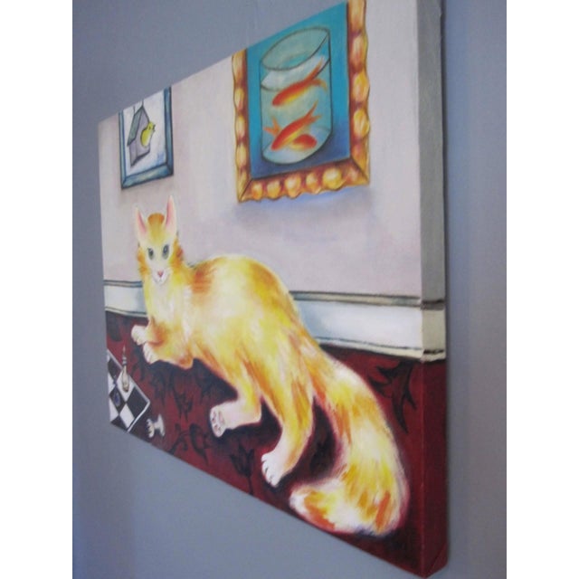 Figurative Smarter than you Think by Zoa Ace | Oil Painting of an orange cat in a room with a chessboard For Sale - Image 3 of 5