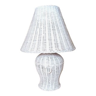 Vintage White Wicker Rattan Table Lamp Matching Wicker Shade Ginger Jar For Sale