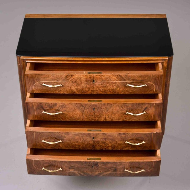 Mid-Century Modern Italian Mid-Century Burl Walnut Four-Drawer Chest With Black Glass Top For Sale - Image 3 of 12