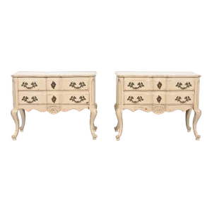 Baker Furniture French Provincial Louis XV Taupe Painted Commodes or Bedside Chests, Pair