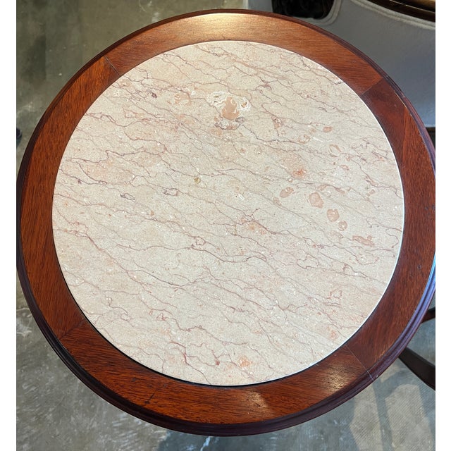 Late 20th Century Late 20th Century Carved Round Walnut Side Tables With Marble Top For Sale - Image 5 of 7