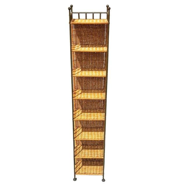 1990s Boho Wicker & Cast Iron Compact Disc CD Holder Towers, Pair For Sale - Image 4 of 8