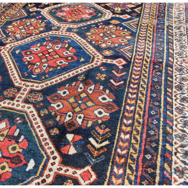 Red Antique Persian Qashqai Rug With Four-Medallion Design in Blue, Red, Brown Tones 4'1 X 8'3 For Sale - Image 8 of 11