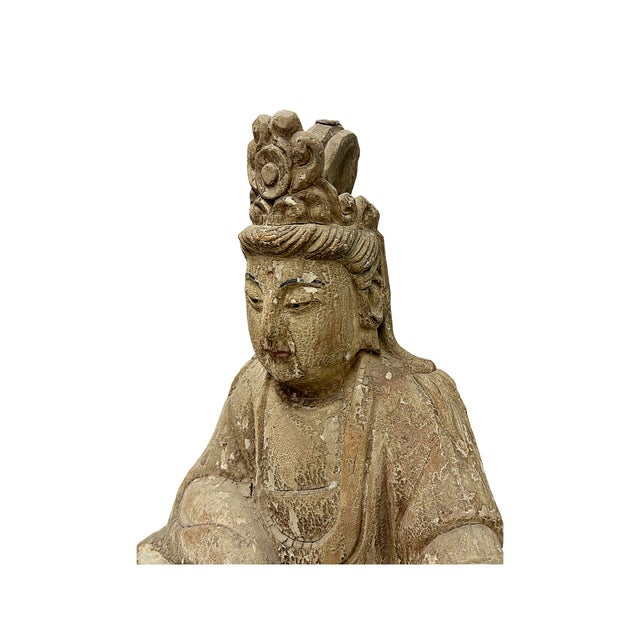 Vintage Rustic Wood Finish Sitting Bodhisattva Buddha Statue For Sale - Image 11 of 11