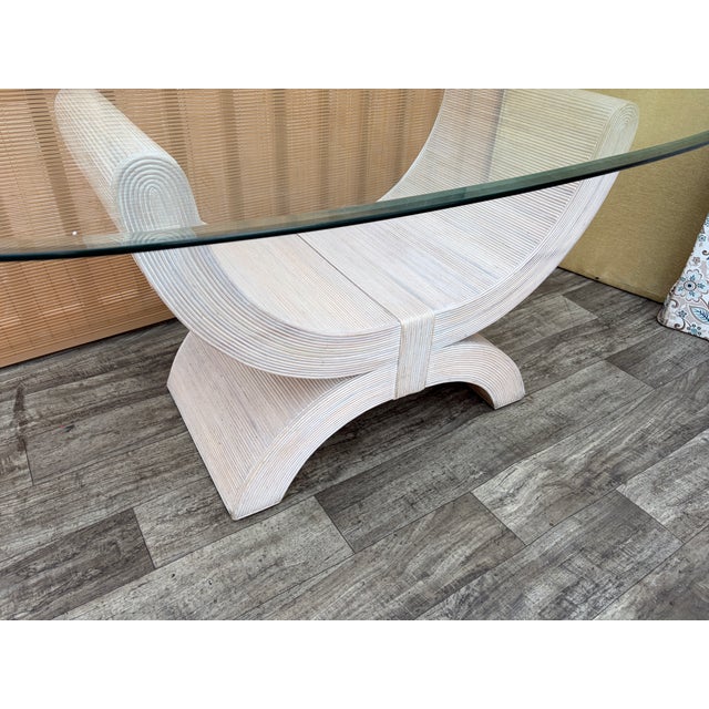 Vintage Coastal Style / Boho Chic Pencil Reed Coffe Table in the Betty Cobonpue Manner. Circa 1980's Features a bow-like...