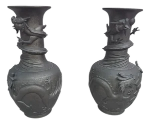Antique Signed Asian Bronze Dragon Vase - Pair