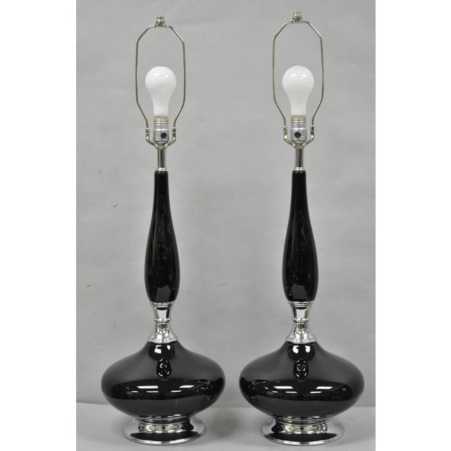 Vintage Mid Century Modern Black Glazed Ceramic & Chrome Table Lamps - A Pair For Sale - Image 12 of 12