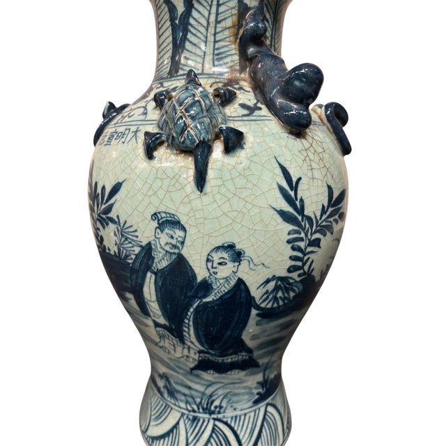 Hand-Painted Antique Chinese Blue Celadon Ceramic Vase With Figures, Turtles For Sale - Image 4 of 11