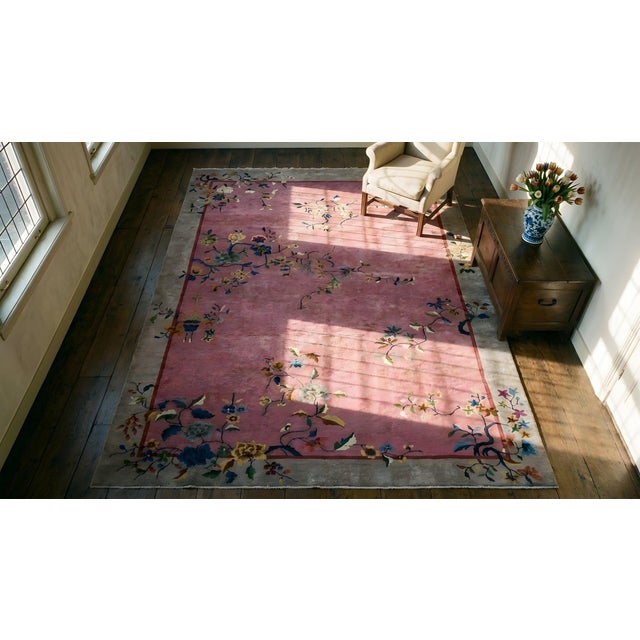 1920s Purple Floral Antique Chinese Art Deco Carpet 6' X 8'10" Handknotted Wool Rug For Sale - Image 16 of 18