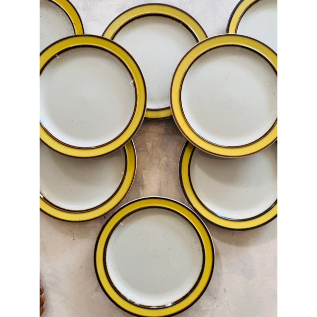 Mid-Century Modern Vintage Mid-Century Modern Rainbow Stoneware Salad Plates – Citron Pattern, Set of 7 For Sale - Image 3 of 9