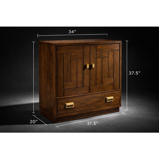 Drexel Heritage Drexel Mid 20th Century Architectural Walnut Cabinet With Geometric Facade & Pocket Doors For Sale - Image 4 of 10