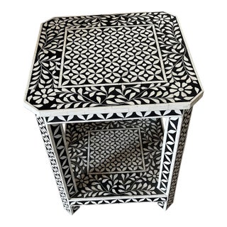 Black and White Floral Pattern Bone Inlay Side Table For Sale