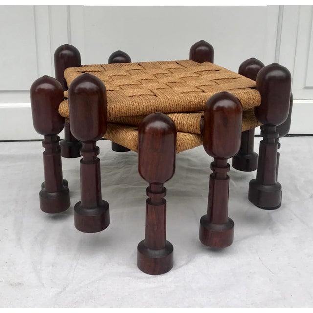 Vintage Woven Jute and Mahogany Stools - Set of 3 For Sale - Image 4 of 12