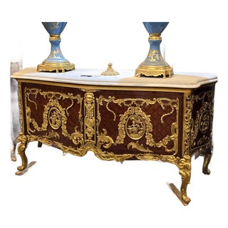 Grand French Louis XV Sideboard Buffet With Marble Top, Gold Leaf & Bronze Ormolu Accents For Sale