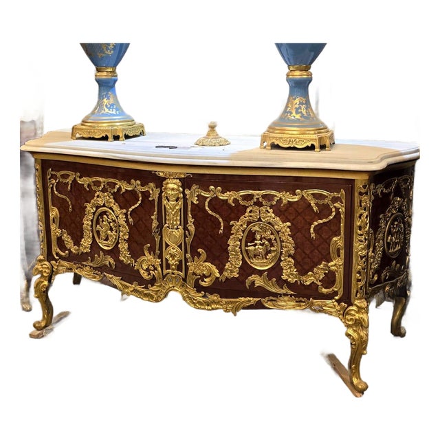 Grand French Louis XV Sideboard Buffet With Marble Top, Gold Leaf & Bronze Ormolu Accents For Sale