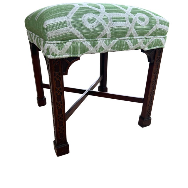 Baker Furniture Company 1990s Chinese Chippendale Bench in Schumacher “Ziz” For Sale - Image 4 of 8