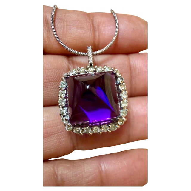 Metal 15 Ct Sugar Loaf Amethyst & Diamonds Pendent Necklace 18 Karat White Gold Chain For Sale - Image 7 of 8