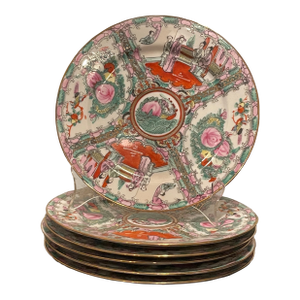 Mid 19th Century Rose Medallion Style Chinese Porcelain Plates- Set of 6