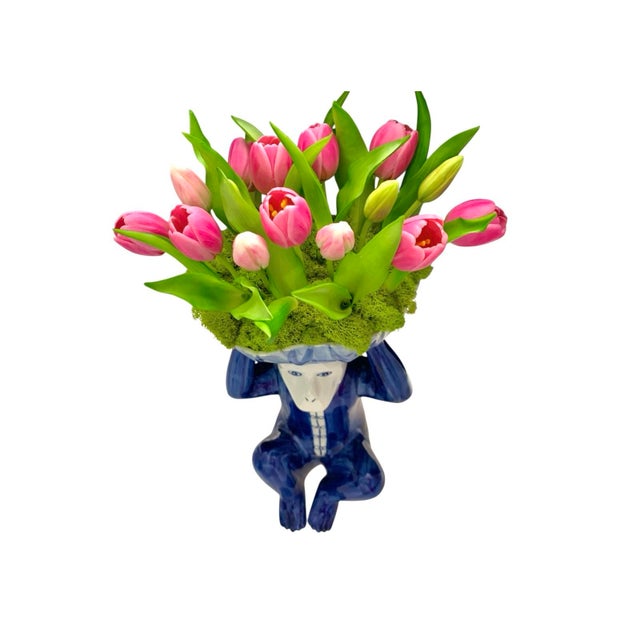 Ceramic Monkey Sculpture Large Porcelain With Faux Tulips Vintage Chinoiserie Decor For Sale - Image 7 of 8