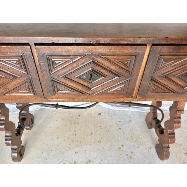 Wood 18th Century Spanish Walnut and Iron Three Drawer Console Table For Sale - Image 7 of 15