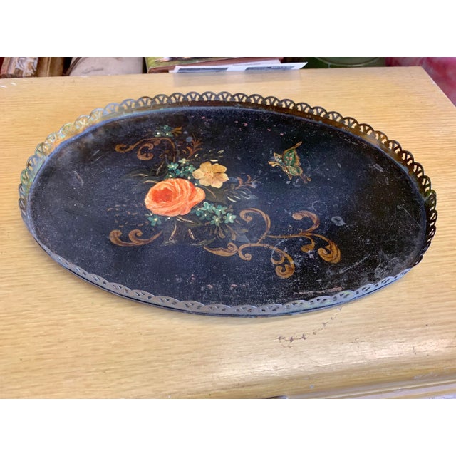 Early 20th Century Antique Toleware Black Tray With Painted Rose For Sale - Image 5 of 5