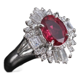 Late 20th Century Gia Certified Ruby & 0.54ct Diamond Platinum Ring, Size 4.75 For Sale
