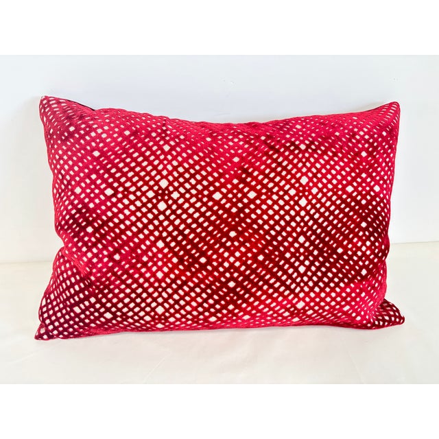 Red Geometric Cut Velvet Lumbar Pillow With Down Insert For Sale - Image 4 of 8