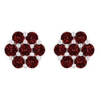 14K White Gold 1.0 Cttw Treated Red Diamond Prong Set 7 Stone Floral Stud Earrings (Treated Red Color, SI2-I1 Clarity) For Sale
